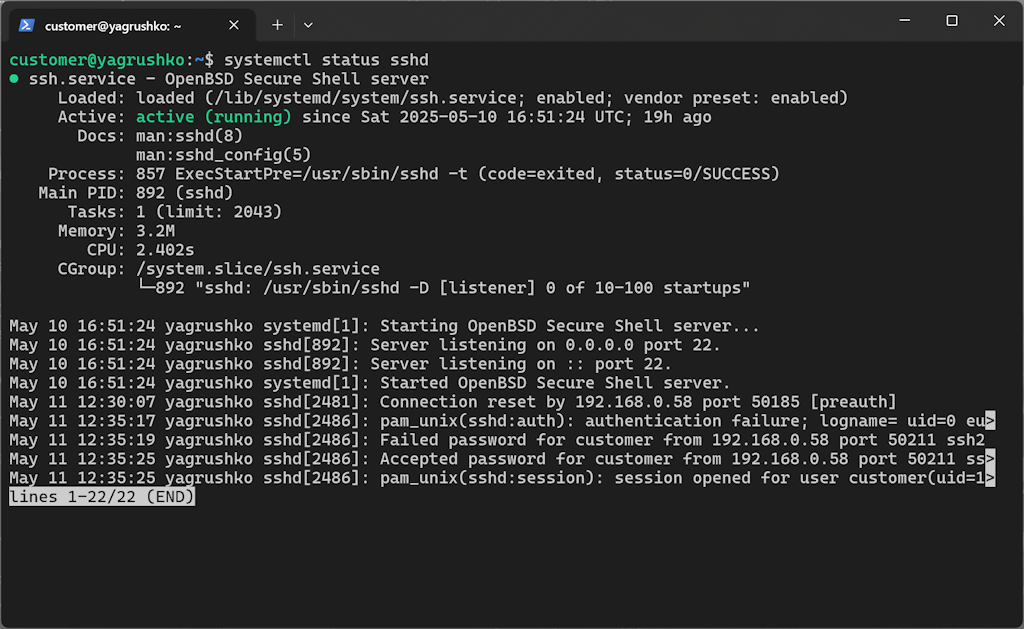Информация о сервисе sshd